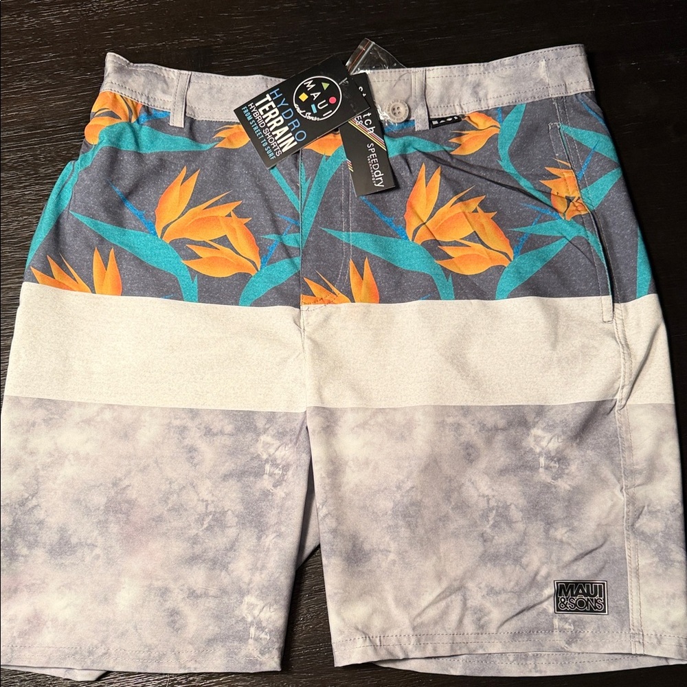 NWT Maui & Sons Floral Stripe Hermosa Board Shorts - Gray, Teal & Orange sz 32